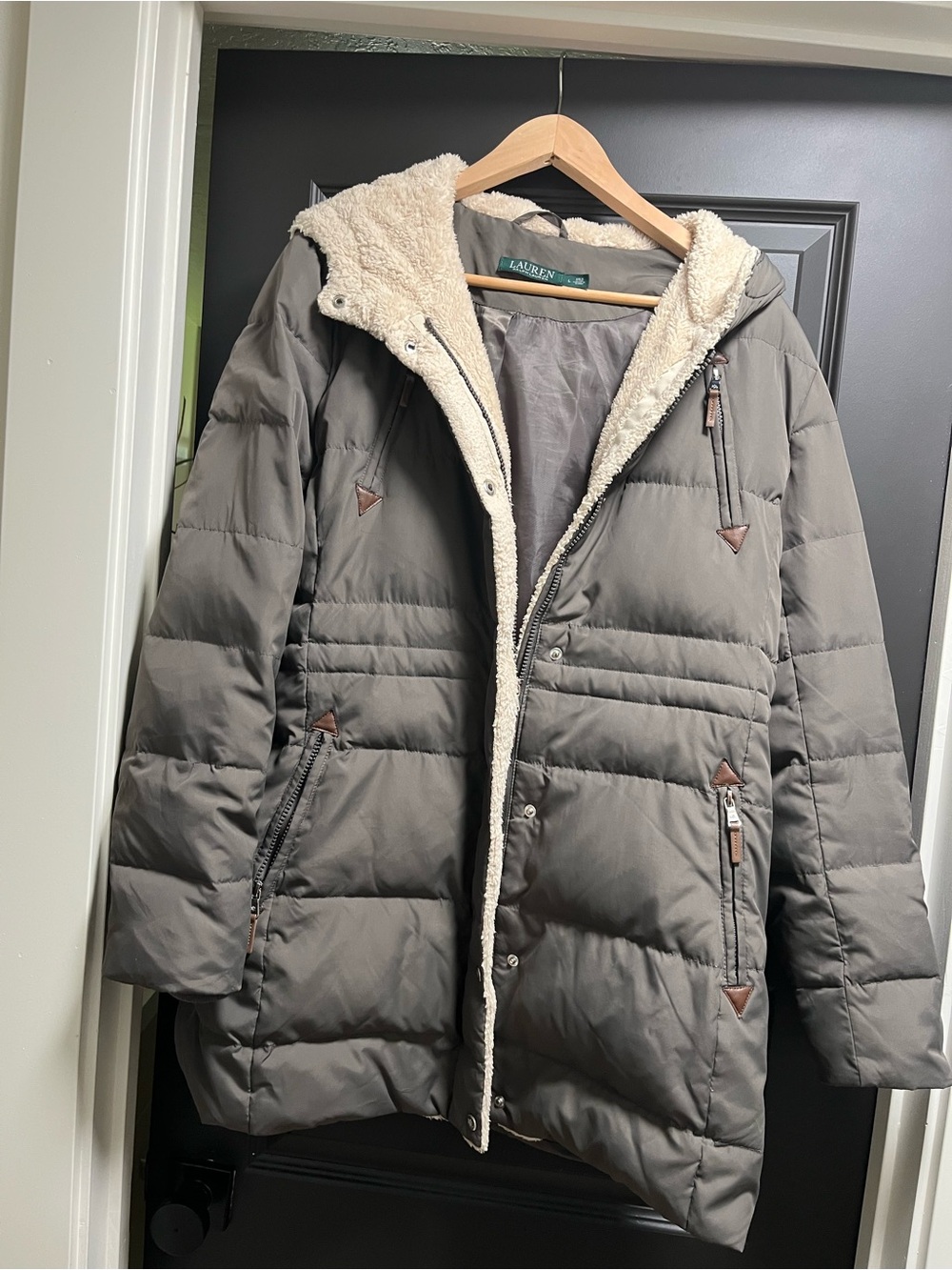 Ralph Lauren Gray/Green Quilted Coat with Cream Sherpa Hood